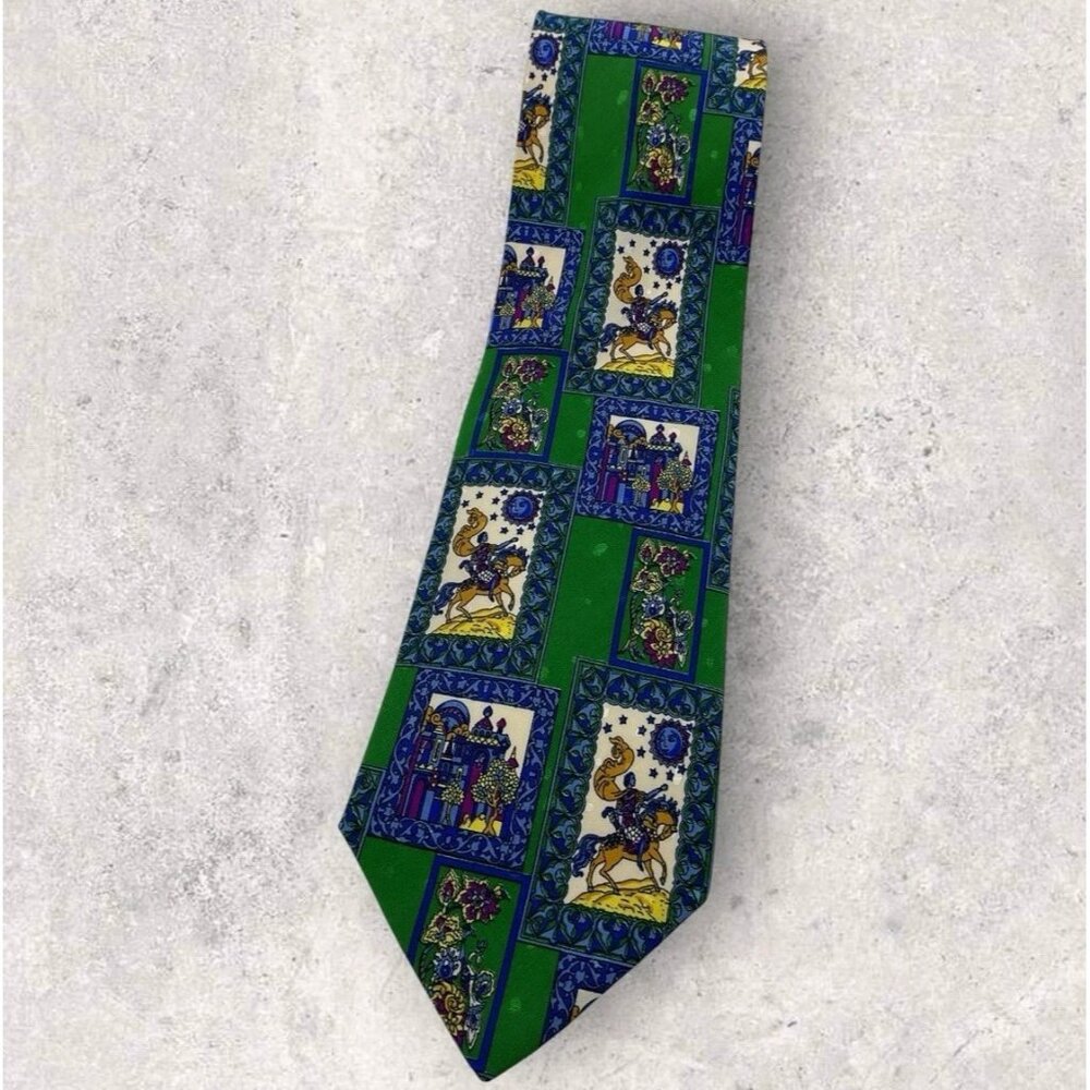 ITALO FERRETTI Silk Tie ITALY Green Blue Purple Geometric Art W:3.8"